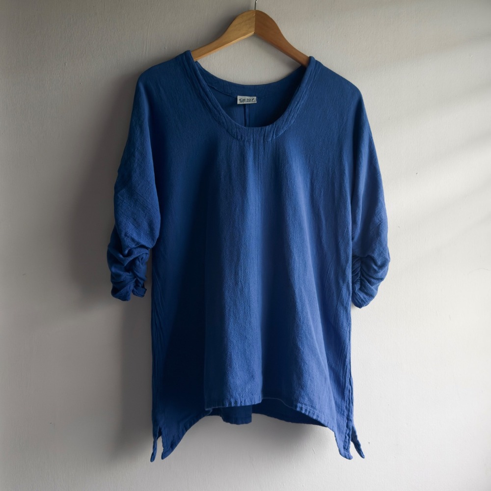 Oh My Gauze Blue Cotton Tunic Top Women Size 1 Ruched Sleeve Lagenlook Boho